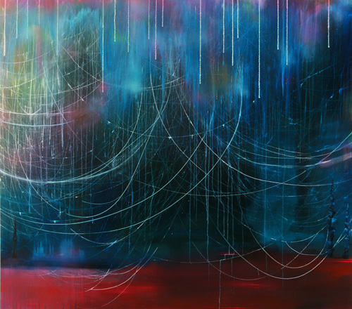  Frontier (At the Edge of Cognition)  Oil, spray enamel, glitter, and rhinestones on canvas  71 X 81  2008  private collection