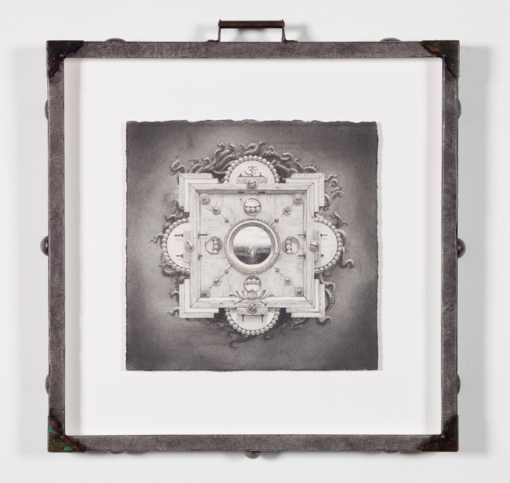 "Gateway III (Lotus Pearl)" by Jason Brammer Medium: Graphite on paper (in custom hand-painted and hand-embellished frame) Year: 2013 Size (H x W): 19 ½” x 19 ½” (frame size)