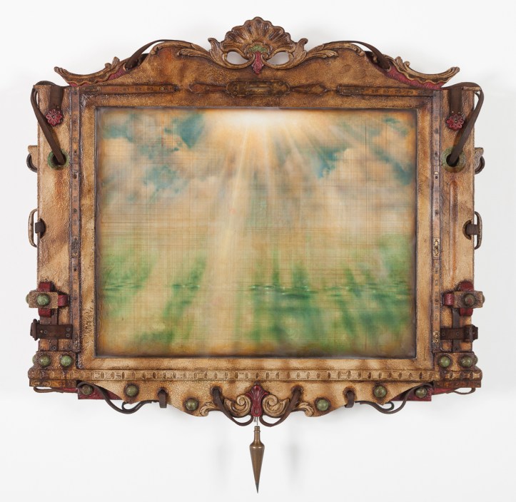 "Time Machine LXXVI (Measuring The Luminous)" by Jason Brammer Medium: Acrylic, encaustic, plaster, antique hardware, vintage rulers, salvaged molding, recycled leather, metal, wood, and panel Year: 2013 Size (H x W x D): 41 ¼” x 40 ½” x 6”